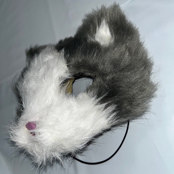 CAT FACE MASK GRAY WHITE FUR Adult or KID Halloween PINK nose open eyes costume - Picture 10 of 11